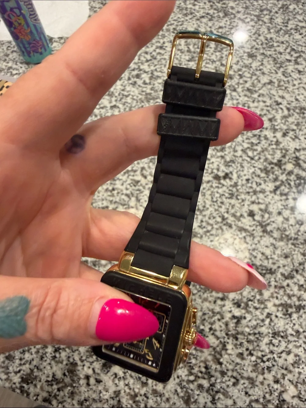 Michele Black Silicone Band Watch with Gold-Tone Square Case